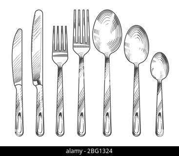 Esquissez un couteau argent, une fourchette et une cuillère. Set vectoriel de coutellerie à main. Coutellerie couteau et fourchette argent, croquis de l'illustration de l'argenterie de dîner Illustration de Vecteur