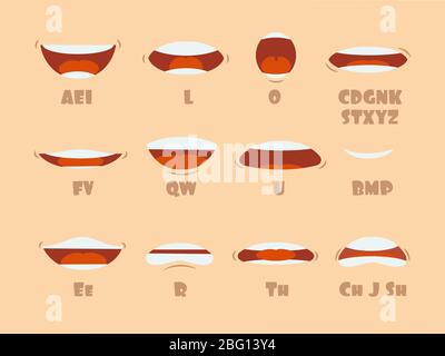 Dessin animé parler bouche et lèvres expressions vecteur animations pose. Accent et prononciation parler, langue et illustration articulée Illustration de Vecteur