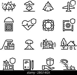 Icônes des lignes cas d'assurance et catastrophes naturelles. Symboles de contour de la propriété, de la vie et de la santé. Assurance et protection santé et maison. Vecteur Illustration de Vecteur