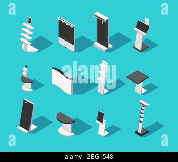 Stand de démonstration isométrique en 3 dimensions pour un ensemble vectoriel isolé. Panneau de commerce et illustration isométrique du stand promotionnel Illustration de Vecteur