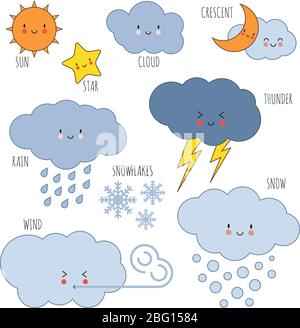 Dessin animé temps enfants vocabulaire icônes vectorielles. Météo dessin soleil et nuage, pluie et tempête, nuageux et thunder illustration Illustration de Vecteur