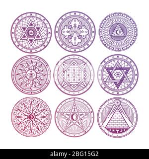 Mystère lumineux, sorcellerie, occulte, alchimie, symboles ésotériques mystiques isolés sur fond blanc. Collection de symboles occultes magiques vectoriels illustrati Illustration de Vecteur