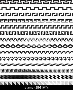 Vieux grec mythologie modèle vectoriel de la mythologie méditerranéenne frontières répétitives ensemble. Motif de bordure dans l'illustration horizontale de style grec Illustration de Vecteur