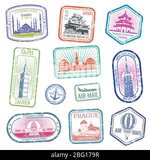 Collection de timbres de voyage vintage avec monuments et monuments principaux. Collecte de grunge de timbre pour le courrier aérien et l'illustration de voyage Illustration de Vecteur