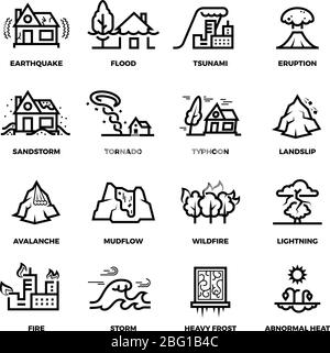 Les icônes vectorielles de ligne accidents de catastrophe naturelle et les symboles de dommages. Ouragan et tempête, incendie et tsunami, inondation et séisme illustration Illustration de Vecteur