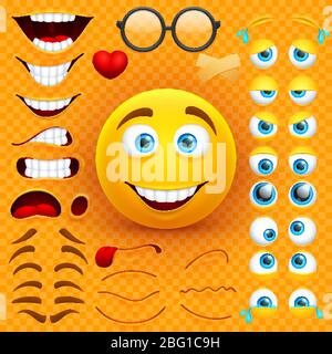 Constructeur de création de caractères vectoriels de visage 3 dimensions en forme de dessin animé. Émoji avec émotions, yeux et mouthes ensemble. Illustration d'émoticône visage smiley, Illustration de Vecteur