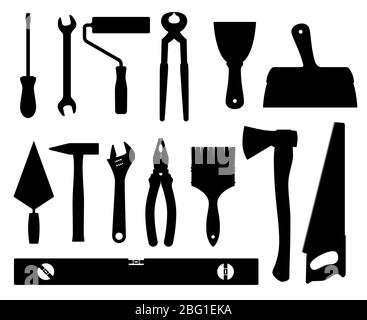 Outils de construction silhouettes noires vectorielles isolées sur fond blanc. Outils d'équipement tournevis à marteau, pinces et clé à douille illustration Illustration de Vecteur