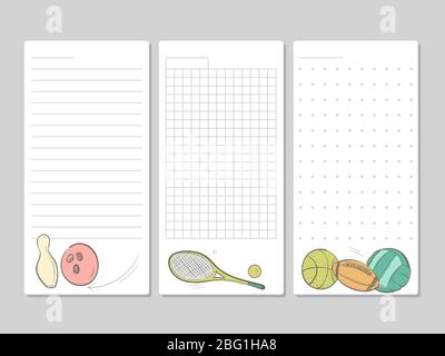 Pages lignées pour notes, notes ou listes de tâches avec des équipements de sport de gribouille. Illustration vectorielle Illustration de Vecteur