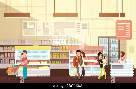 Les gens font du shopping dans une épicerie. Supermarché intérieur de détail avec illustration vectorielle plate des clients. Magasin et magasin de détail supermarché, épicerie Illustration de Vecteur