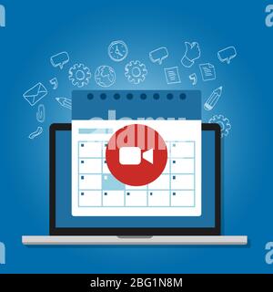 Planifiez une réunion d'affaires lors d'un appel vidéo pendant une distance sociale à l'aide du calendrier de l'ordinateur portable Illustration de Vecteur