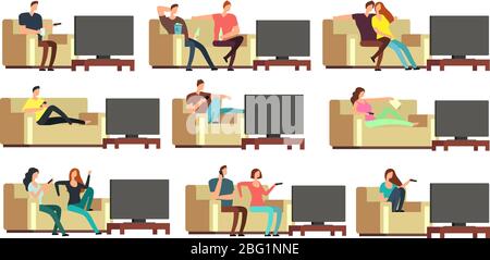 Bonne famille à la maison regarder la télévision. Couple jeune reposant sur un jeu de vecteurs de table confortable. Couple homme et femme sur l'illustration du canapé Illustration de Vecteur