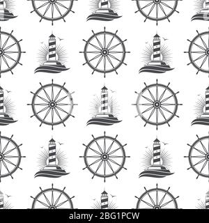 Motif marin sans coutures avec phare et roue vintage. Illustration vectorielle Illustration de Vecteur