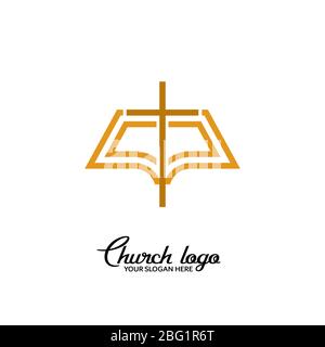 Logo de l'Église. Symboles chrétiens. Ouvrir la bible sur un fond de la croix. Illustration de Vecteur