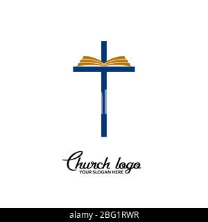 Logo de l'Église. Symboles chrétiens. Ouvrir la bible sur un fond de la croix. Illustration de Vecteur