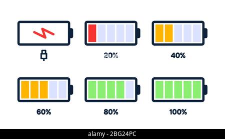 Icône de niveau d'énergie. Charge de charge, indicateur de batterie du téléphone, niveau d'alimentation du smartphone, énergie de l'accumulateur vide et icônes d'état complètes définies. Étapes du gadget Illustration de Vecteur