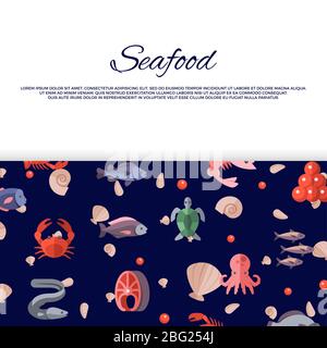 Bannière de fruits de mer avec caviar lumineux, poissons, crabes, saumon. Illustration vectorielle Illustration de Vecteur