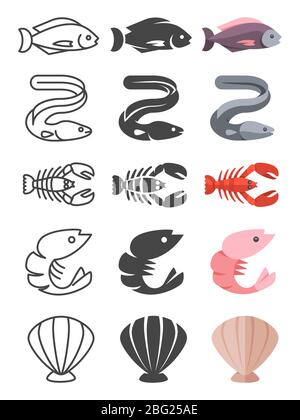 Ensemble d'icônes de vie en mer et en mer - homard de la crevette de poisson. Illustration vectorielle Illustration de Vecteur