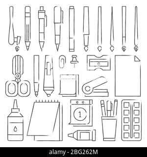 Les icônes de papeterie de la ligne Grunge définissent le vecteur. Illustration du crayon et du stylo Illustration de Vecteur