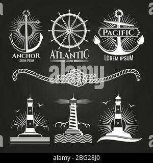 Les logos marins vintage et les emblèmes avec phares ancrent la corde. Emblème et badge, logo vintage marine, phare nautique, illustrat vectoriel Illustration de Vecteur