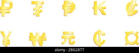 Grand jeu de symboles or en monnaie mondiale. Principales devises rouble tugric peso kip deux-points yen gagné yuan cedi. Illustration de la banque de change. Vecteur de bourse de signe financier. Illustration de Vecteur
