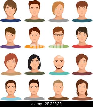 Jeunes portraits de caricatudes avec différents types de coiffure. Jeu de vecteurs avatars mâles. Personnage jeune visage masculin avec illustration de coiffure portrait Illustration de Vecteur