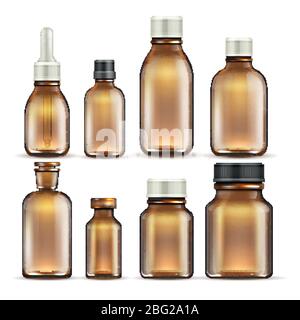 Médicaments réalistes en verre brun et bouteilles cosmétiques, kit vectoriel isolé pour emballage médical. Illustration du flacon contenant du verre médicament médical Illustration de Vecteur