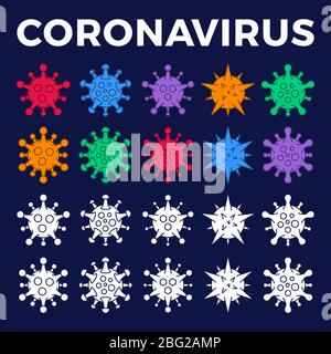 Ensemble de différentes cellules virales icône. Roman Coronavirus (2019-nCoV). Virus Covid 19-NCP. Le coronavirus nCoV signalé est un virus ARN monobrin. Contour A Illustration de Vecteur