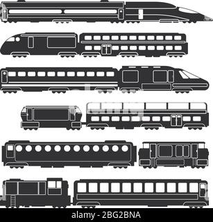 Trains et wagons wagons à vecteur noir cargaisons et silhouettes de transport de passagers. Train transport silhouette noire, locomotive passager illustrateur Illustration de Vecteur