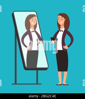 Heureuse femme d'affaires confiante narcissique souriante regardant la réflexion en miroir. Concept vectoriel d'amour de soi. Illustration de la femme dans le miroir retecti Illustration de Vecteur