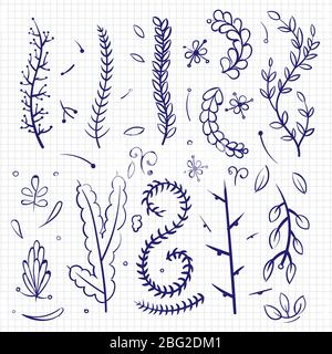 Branches de gribouille tracées à la main et éléments décoratifs isolés. Illustration vectorielle Illustration de Vecteur