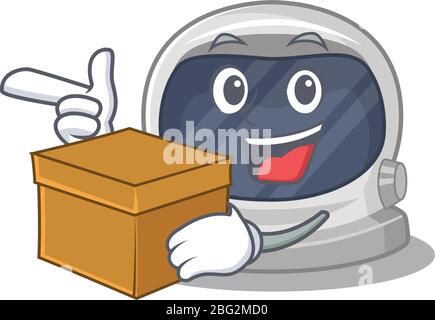 Une photo du concept de dessin animé de casque astronaute tenant une boîte Illustration de Vecteur