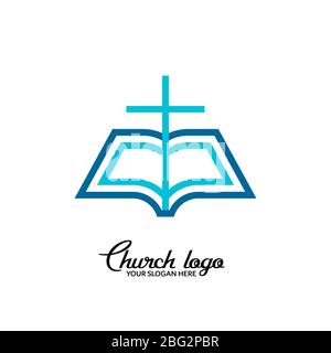 Logo de l'Église. Symboles chrétiens. Ouvrir la bible sur un fond de la croix. Illustration de Vecteur