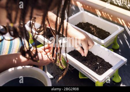 gros plan sur une fille mettant des graines dans la saleté des pots de fleurs au balcon, passe-temps à la maison, concept de vie durable et écologique Banque D'Images