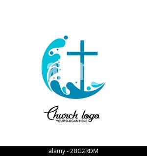 Logo de l'Église. Symboles chrétiens. La croix de Jésus et les vagues d'eau vivante. Illustration de Vecteur