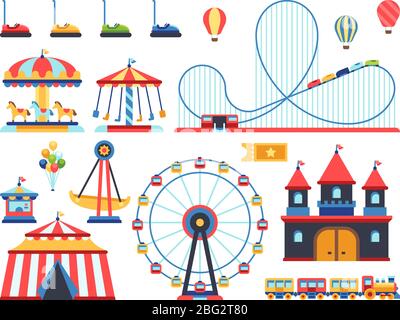 Attractions du parc d'attractions. Train, roue ferris, carrousel et galets coaster plates icônes vectorielles. Divertissement et carrousel, parc avec cirque et festival Illustration de Vecteur