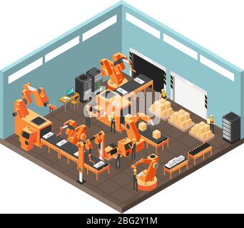 Atelier isométrique en usine avec ligne de convoyeur, travailleurs, électronique et serveurs de contrôle de calcul. Illustration vectorielle. Convoyeur d'usine de production Illustration de Vecteur