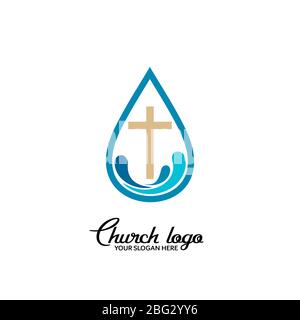 Logo de l'Église. Symboles chrétiens. La croix de Jésus et les vagues d'eau vivante. Illustration de Vecteur