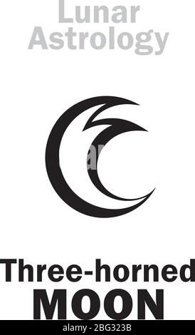 Astrologie Alphabet: LUNE à trois cornes (Luna tricornis), symbole mystique de la magie lunaire, sorcellerie et sorcière. Signe / symbole de caractère hiéroglyphique. Illustration de Vecteur