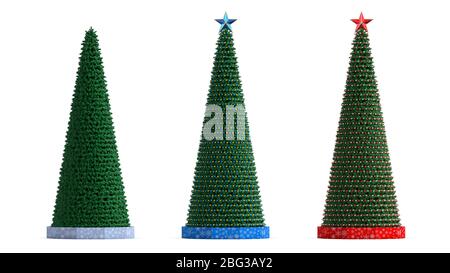Grande ville isolée grand arbre de Noël décoré avec des guirlandes et des jouets avec étoile sur l'illustration en relief sur fond blanc Banque D'Images