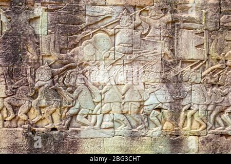 Bas-relief à Prasat Bayon, Angkor Thom, Siem Reap, Cambodge, Banque D'Images
