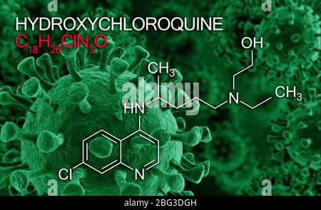 Hydroxychloroquine, formule de substance de médecine chloroquine utilisée dans le traitement du coronavirus, SRAS-CoV-2. Actif dans COVID-19 thérapie de soutien. Banque D'Images