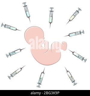 Bébé entouré de seringues, symbole de la folie vaccinale contre la rougeole, la poliomyélite, la variole, la diphtérie, le tétanos, la variole. Banque D'Images