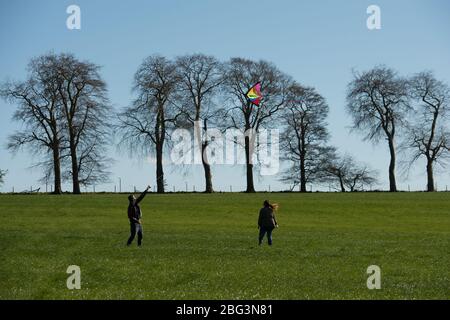 Bishopbriggs, Glasgow, Royaume-Uni. 20 avril 2020. Photo: Rachel et Scott utilisent leur temps d'exercice alloué et profiter d'une belle journée ensoleillée et venteuse pour voler leur cerf-volant. Un ciel bleu et un champ vert font un cadre parfait pour le vol en cerf-volant. Crédit : Colin Fisher/Alay Live News Banque D'Images