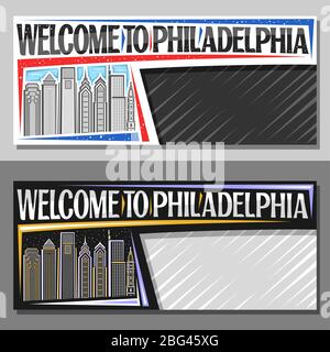 Mises en page vectorielles pour Philadelphie avec espace de copie, bon horizontal décoratif avec illustration en ligne du paysage moderne de philadelphie, design artistique à Illustration de Vecteur