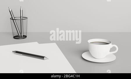 Détail de bureau avec papiers, stylos et une tasse de café. Concept de bureau à domicile. Rendu 3D. Banque D'Images