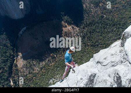 Grimpeur regardant vers le bas après avoir escaladu le nez sur el capitan depuis le sommet Banque D'Images