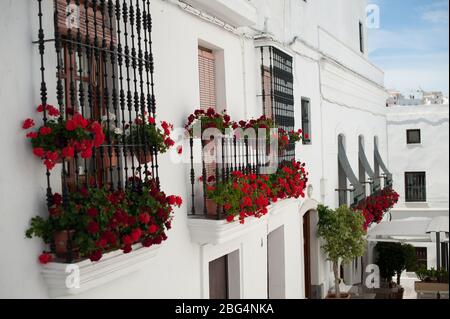 Fleurs rouges sur les balcons dans le village blanc en Espagne Banque D'Images