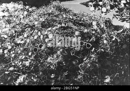 Documentaire de la seconde Guerre mondiale. Lunettes de vue de prisonniers tués dans le camp de concentration d'Auschwitz, vers 1945. Banque D'Images