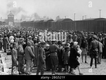 Documentaire de la seconde Guerre mondiale. Les gardes nazis se complètent et arrivent les prisonniers à la rampe de déchargement du camp de concentration d'Auschwitz, vers mai/juin 1944 Banque D'Images