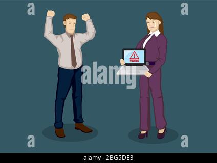 Employeur en colère contre un travailleur bouleversé dont l'ordinateur portable est infecté par un virus informatique. Illustration vectorielle de dessin animé pour la sécurité Web pour l'isolation de concept d'entreprise Illustration de Vecteur